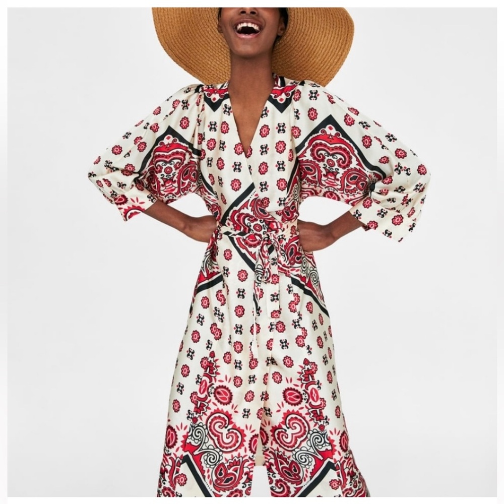 Zara Satin Elegant Red and White Patterned Dress